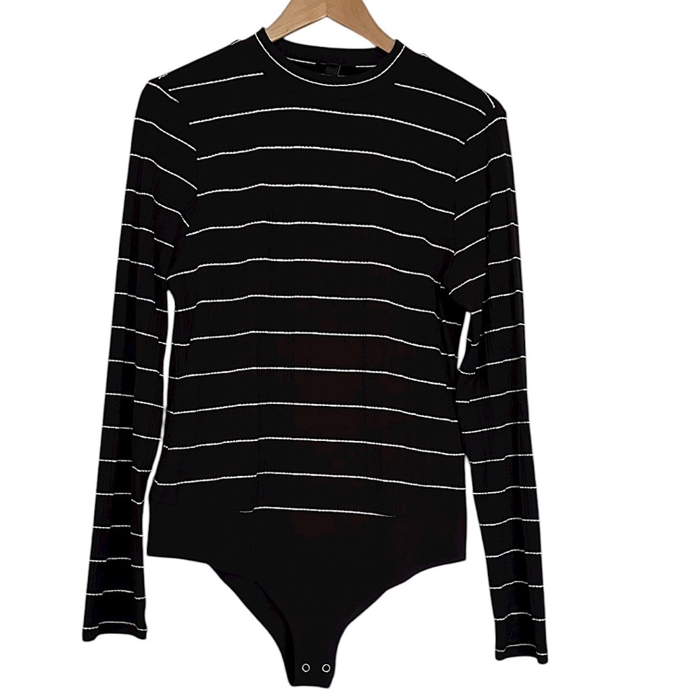 J.Crew Women’s Mockneck Stripe Ribbed Bodysuit Brown White Striped Sz XL Stretch
